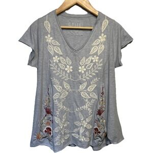 Caite Floral Embroidered‎ Ram Seam V-Neck Cotton Top Heather Blue Size Large
